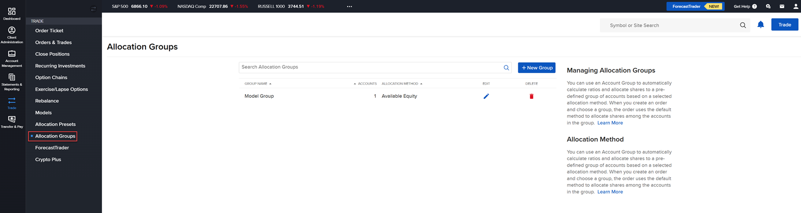 The allocation groups panel in portal. 