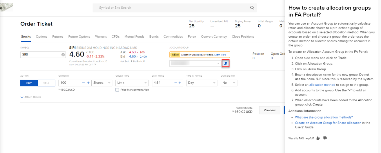 The allocation groups order ticket in portal. 