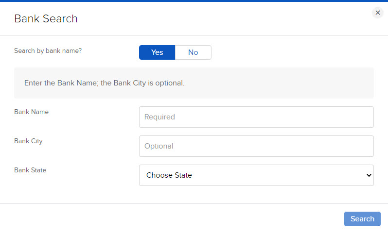 The search by bank name panel in portal. 