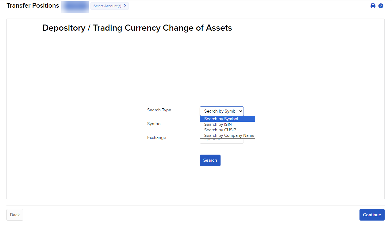 The depository switch search type dropwdown menu in portal. 
