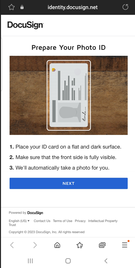 The DocuSign prepare your photo ID screen. 