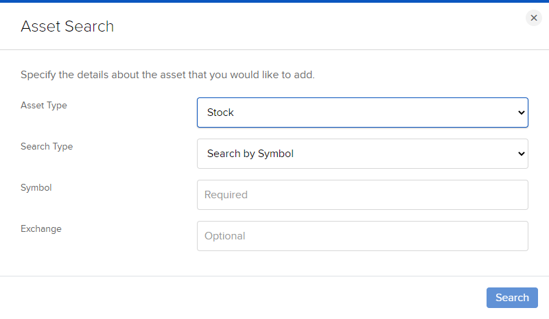 The asset search type panel in Portal. 