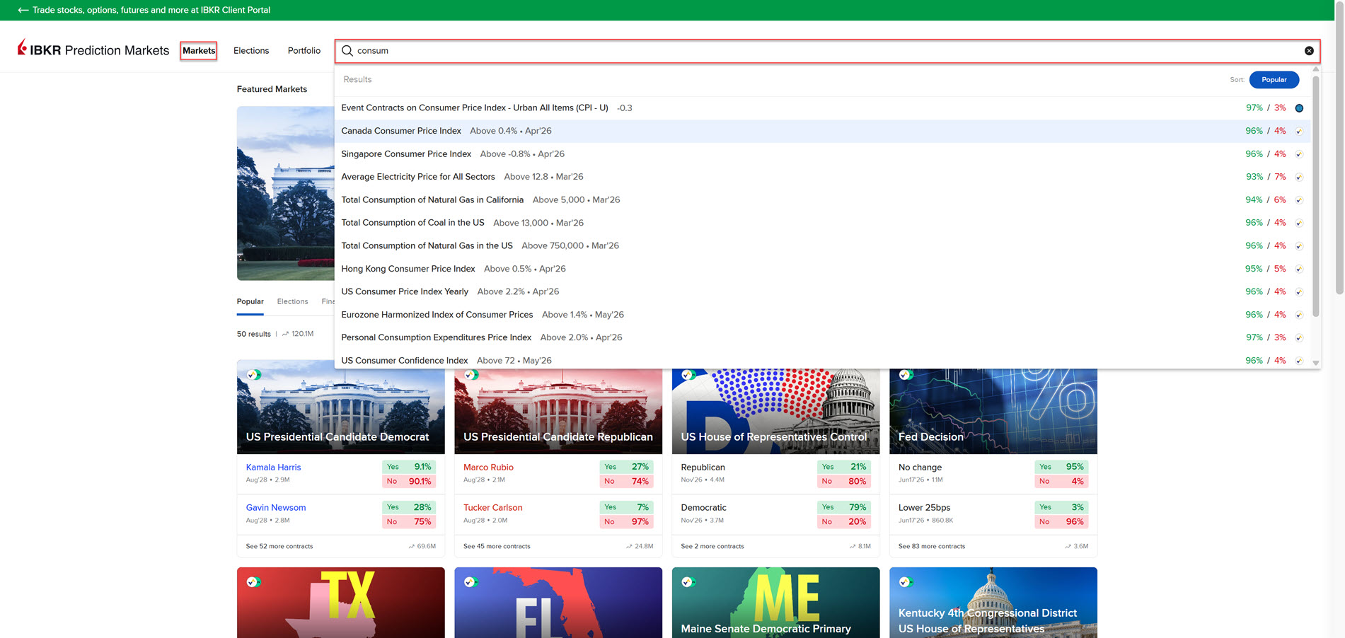 The trade in IBKR Prediction Markets panel