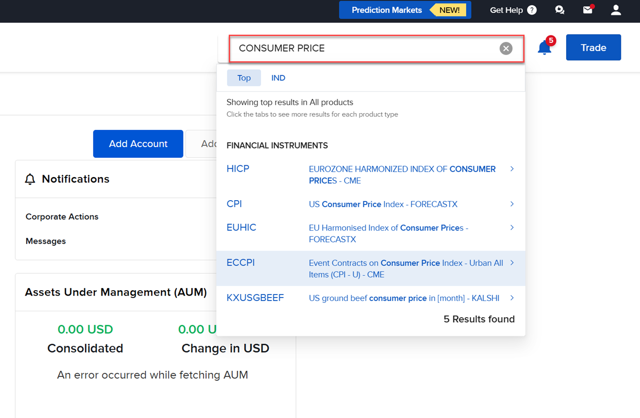 Search IBKR Prediction Markets contract in Portal