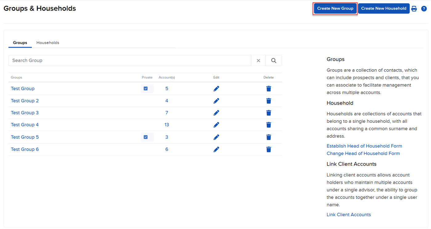 Image of the groups & households create a new group button in portal. 