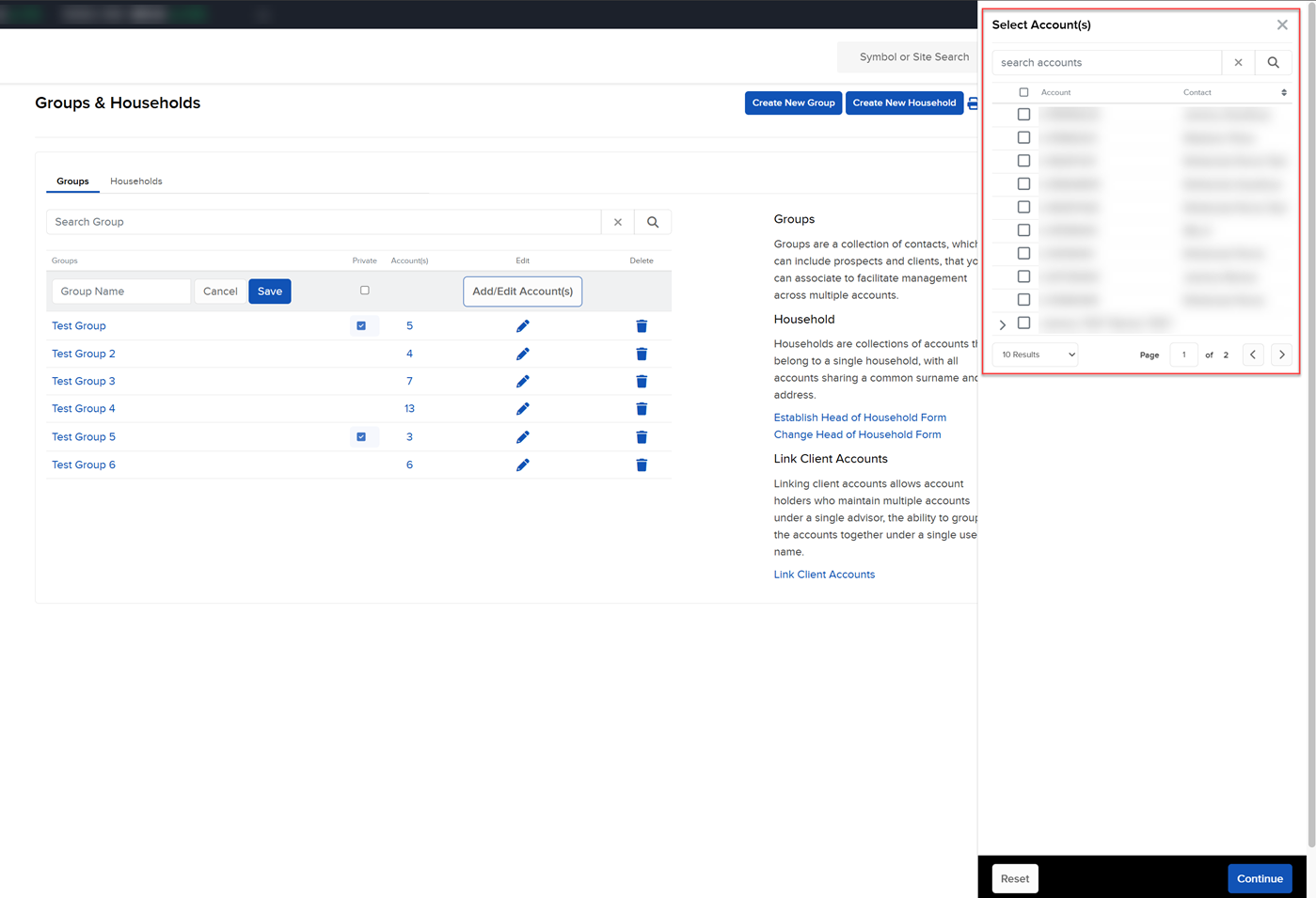 Image of the groups & households select account(s) groups panel in portal. 