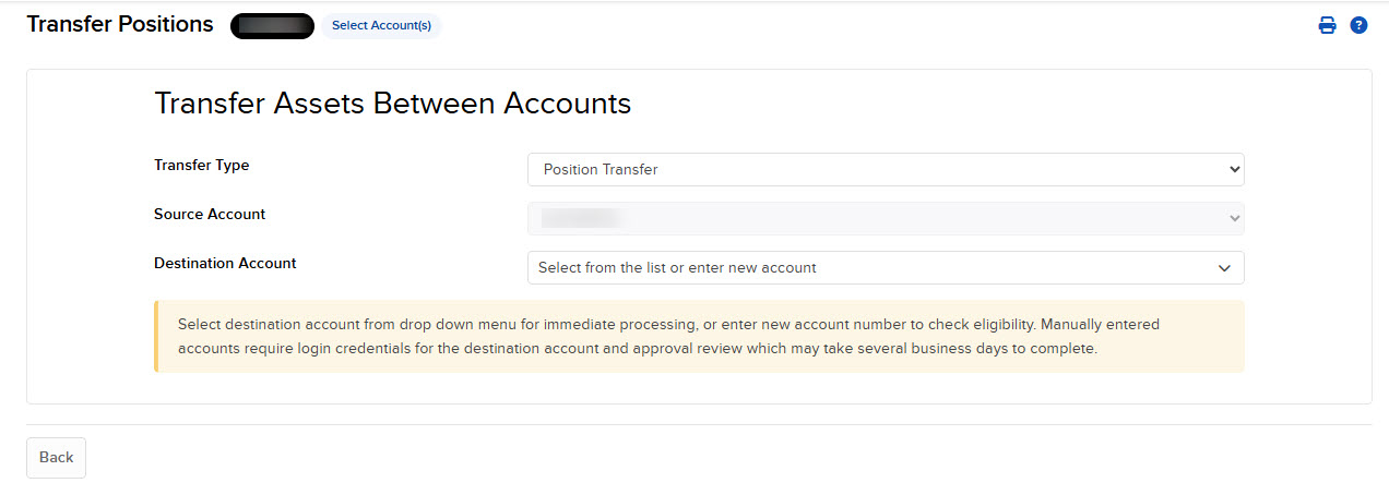 The transfer assets between accounts panel in portal. 