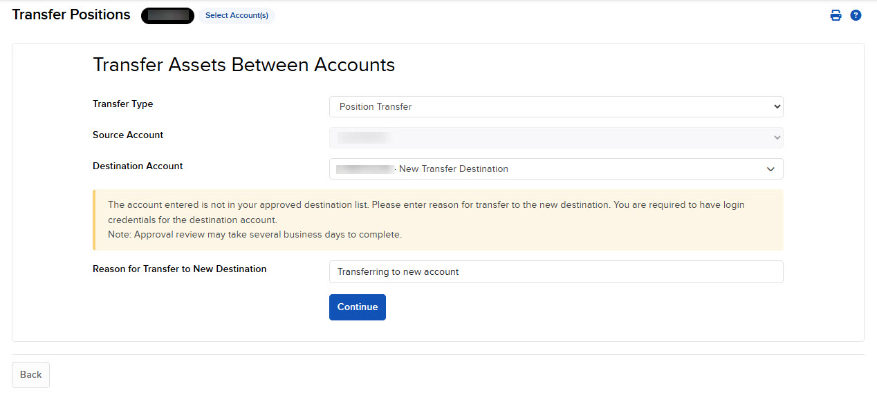 The transfer assets between accounts on a new account in portal. 
