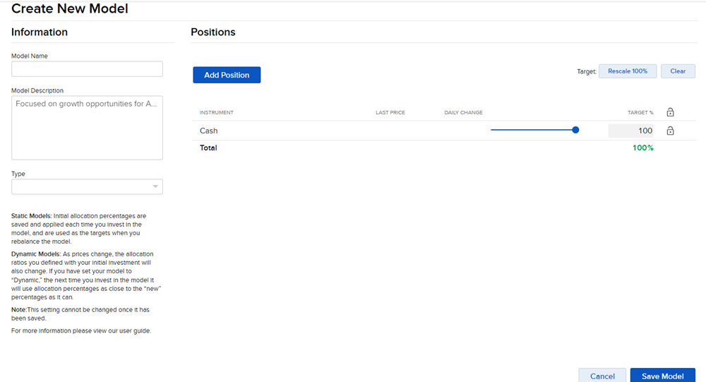 The create new model menu in portal. 