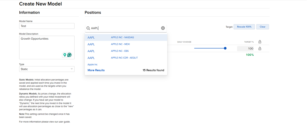 The create new model add positions panel in portal. 