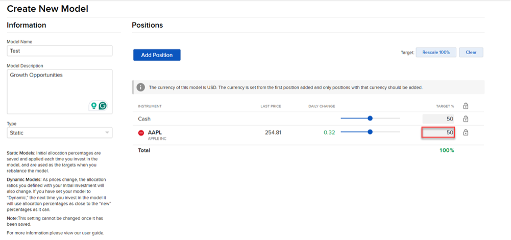 The create new model position target percentage in portal. 
