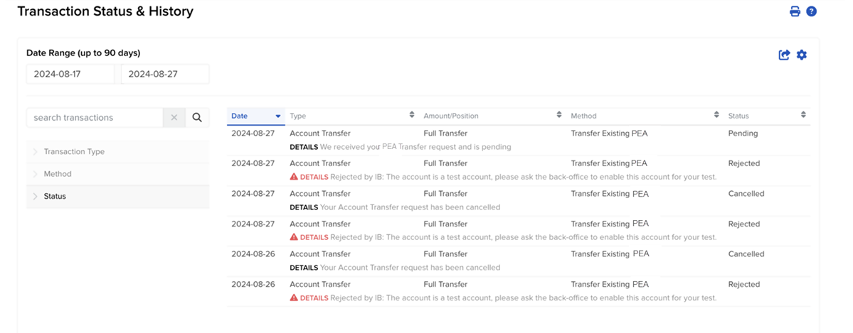 The PEA transaction status and history panel in portal. 