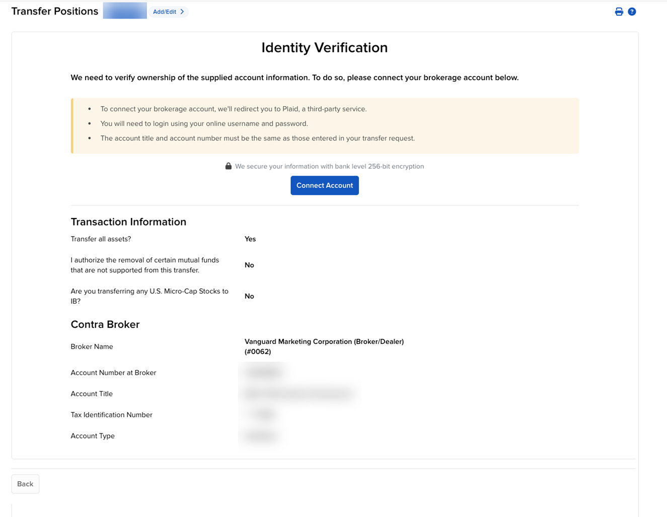 The transfer positions plaid verification panel in portal. 