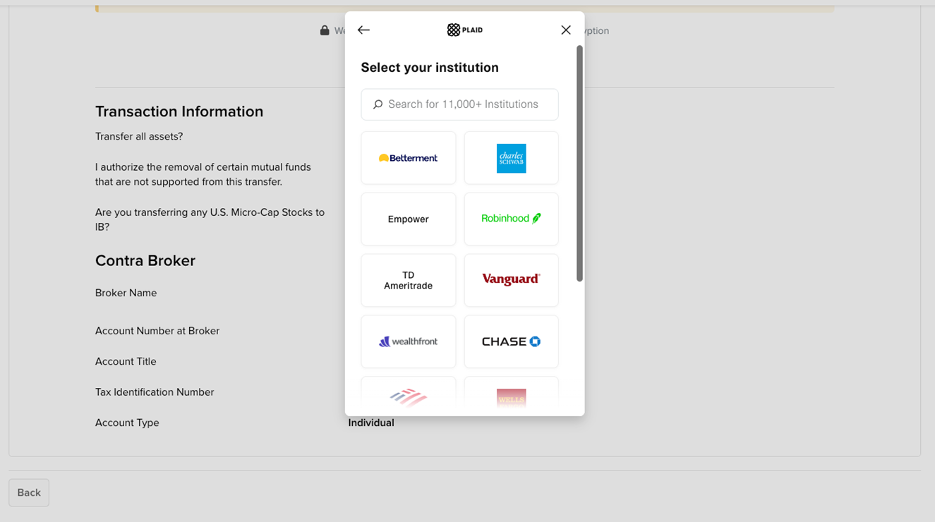 The select your institution panel in Portal. 