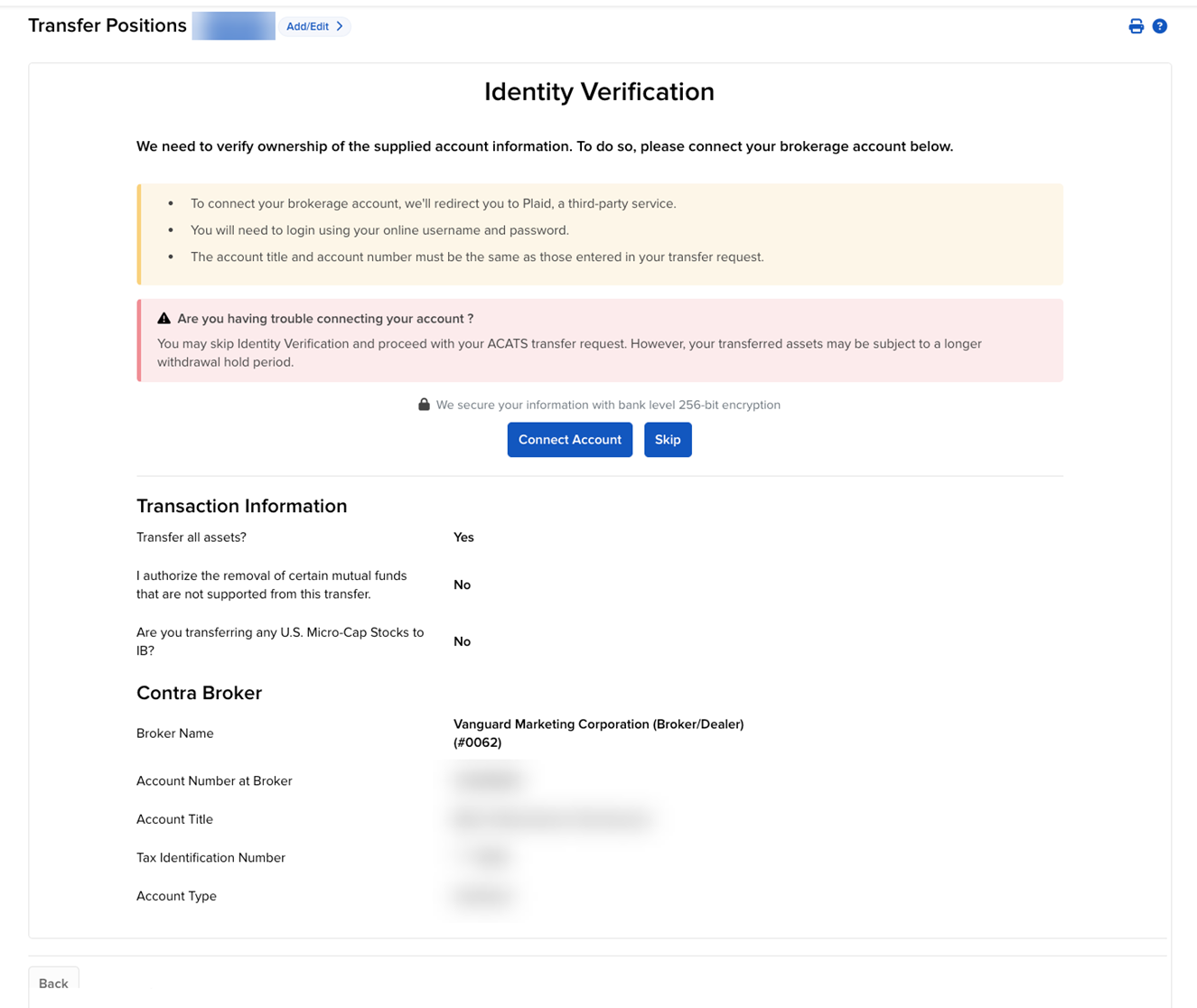 The plaid verification connect account screen in portal. 