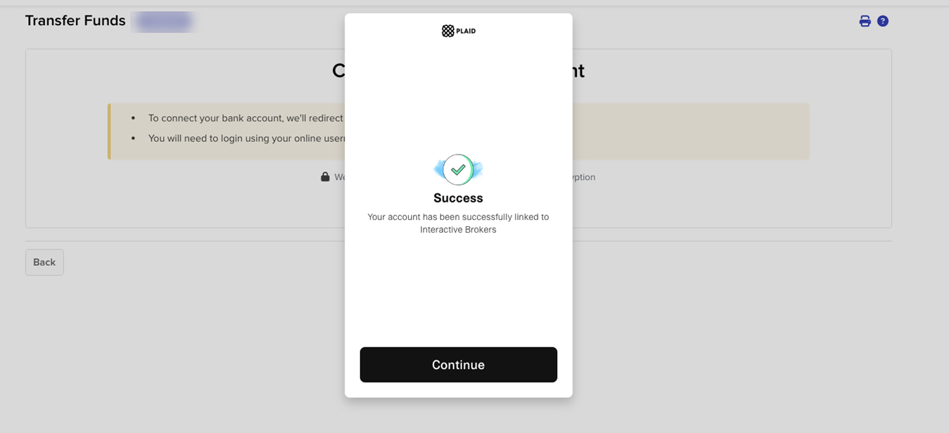 The plaid verification sucess page in portal. 