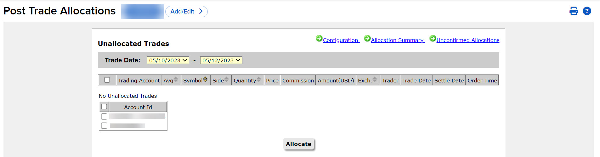 The post trade allocation panel in portal. 
