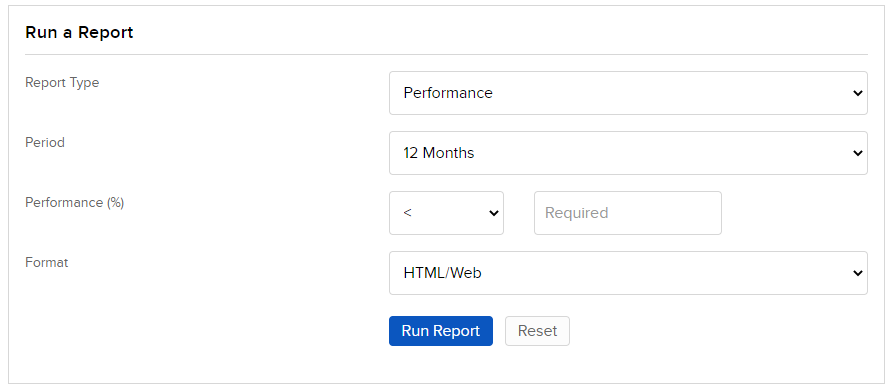 Run a Report on Performance Image of the run a report on performance panel in portal.