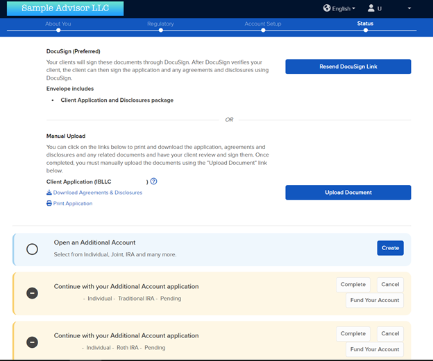 Send multiple DocuSign applications panel. 
