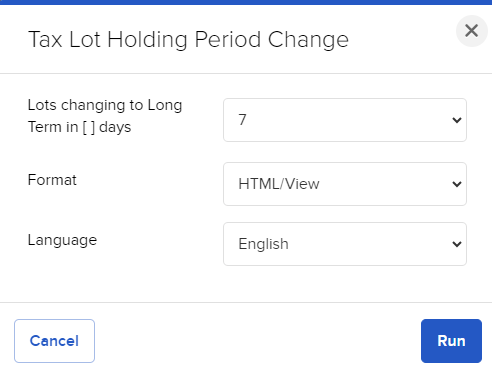 Tax lot holding period change panel in portal. 