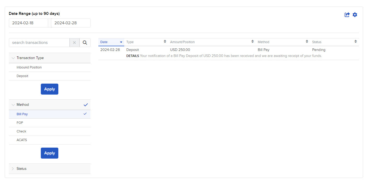The filter transaction history results. 