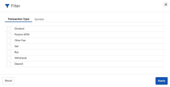 The transaction history filter panel