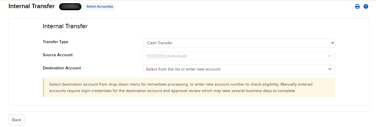 The internal transfer type panel in portal. 