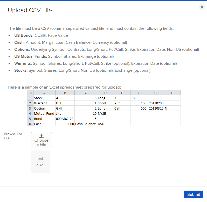 The upload CSV panel in Portal. 