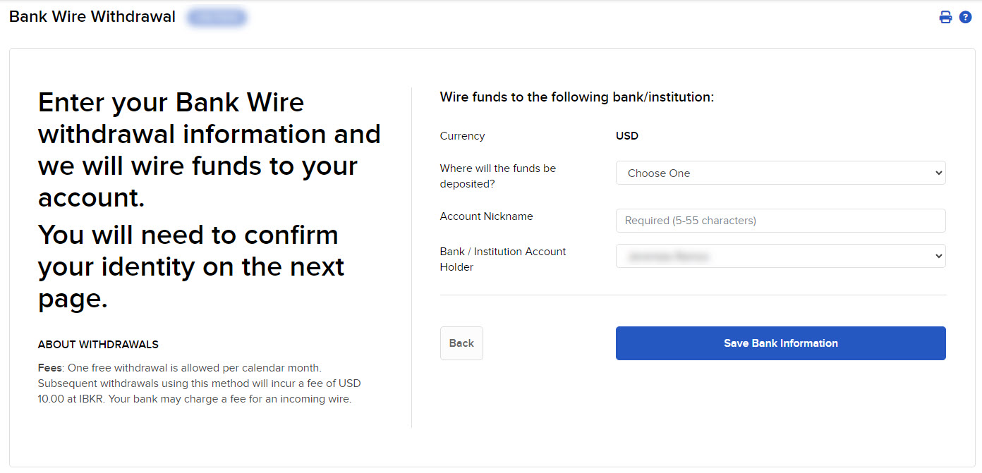 The bank wire withdrawal panel in Portal. 