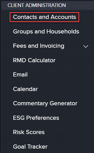Image of the contacts & accounts screen in Advisor Portal. 