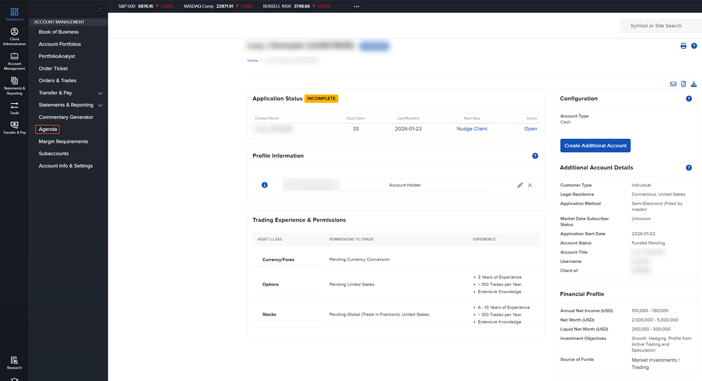 Image of the agenda menu in advisor portal for DocuSign