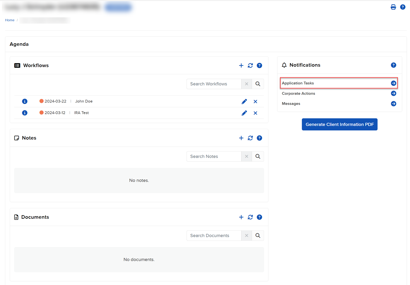 Image of the application tasks in advisor portal for DocuSign