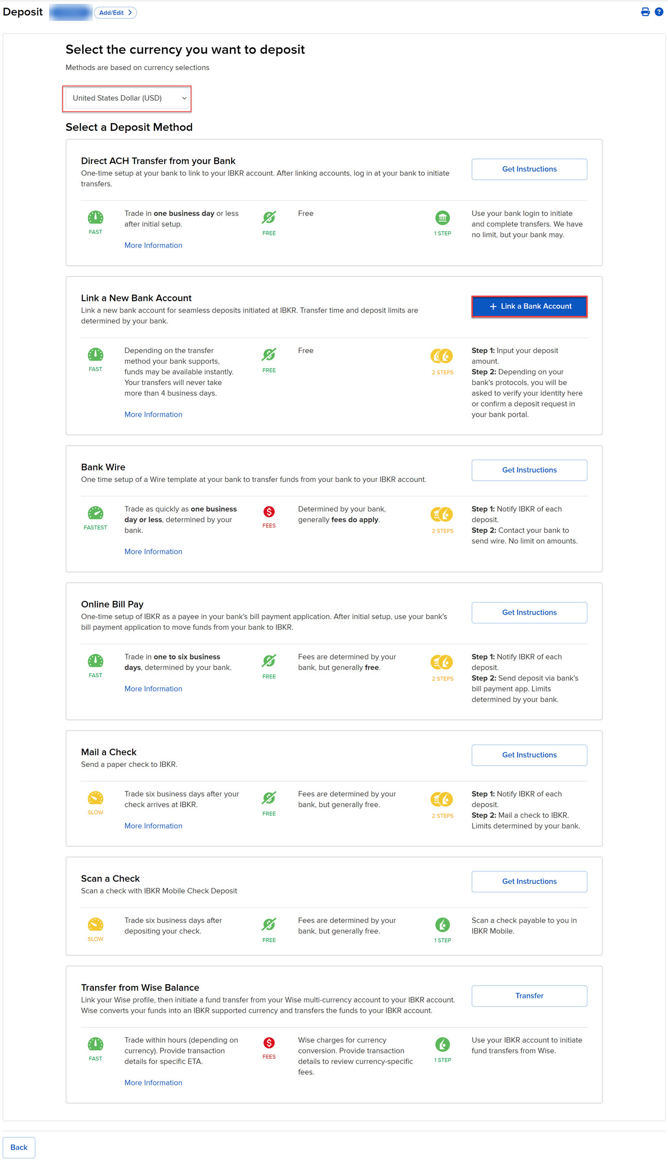 Image of the select deposit currency drop-down in Portal. 