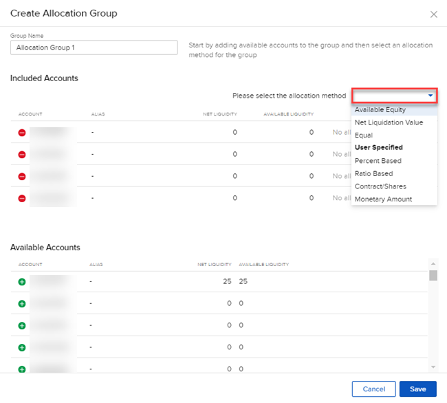 The allocation method panel in portal. 