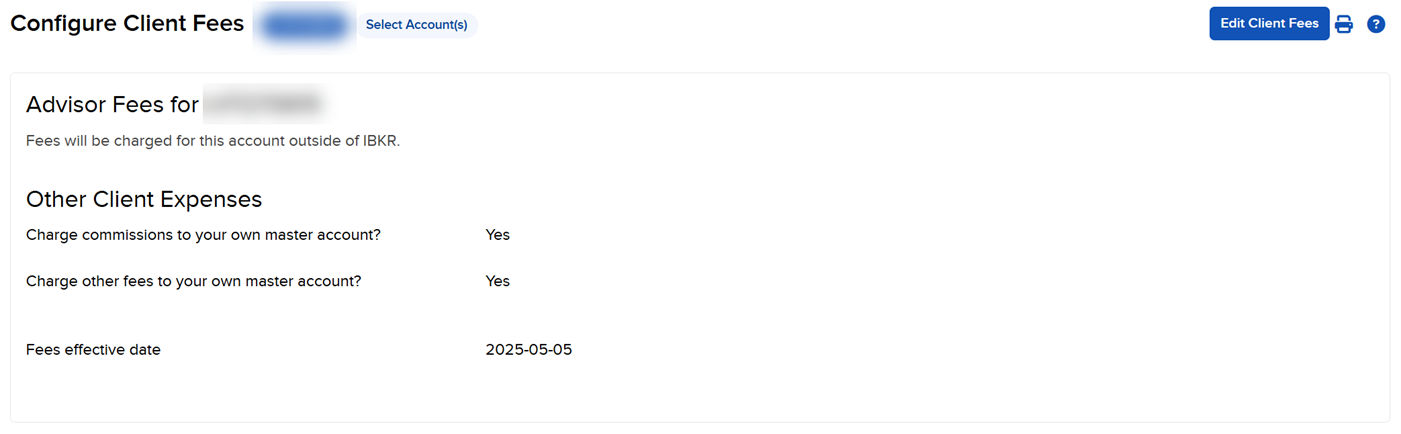 Image of the configure client fees panel in advisor portal. 