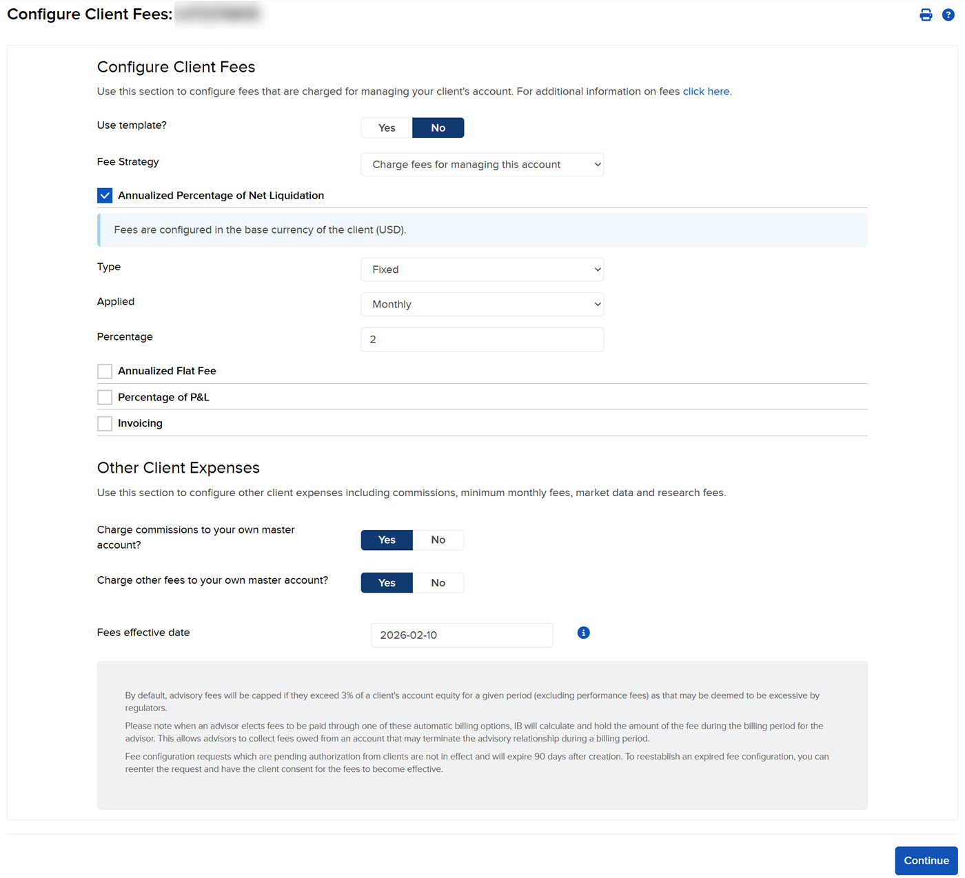 Image of the edit advisor client fees panel in advisor portal. 