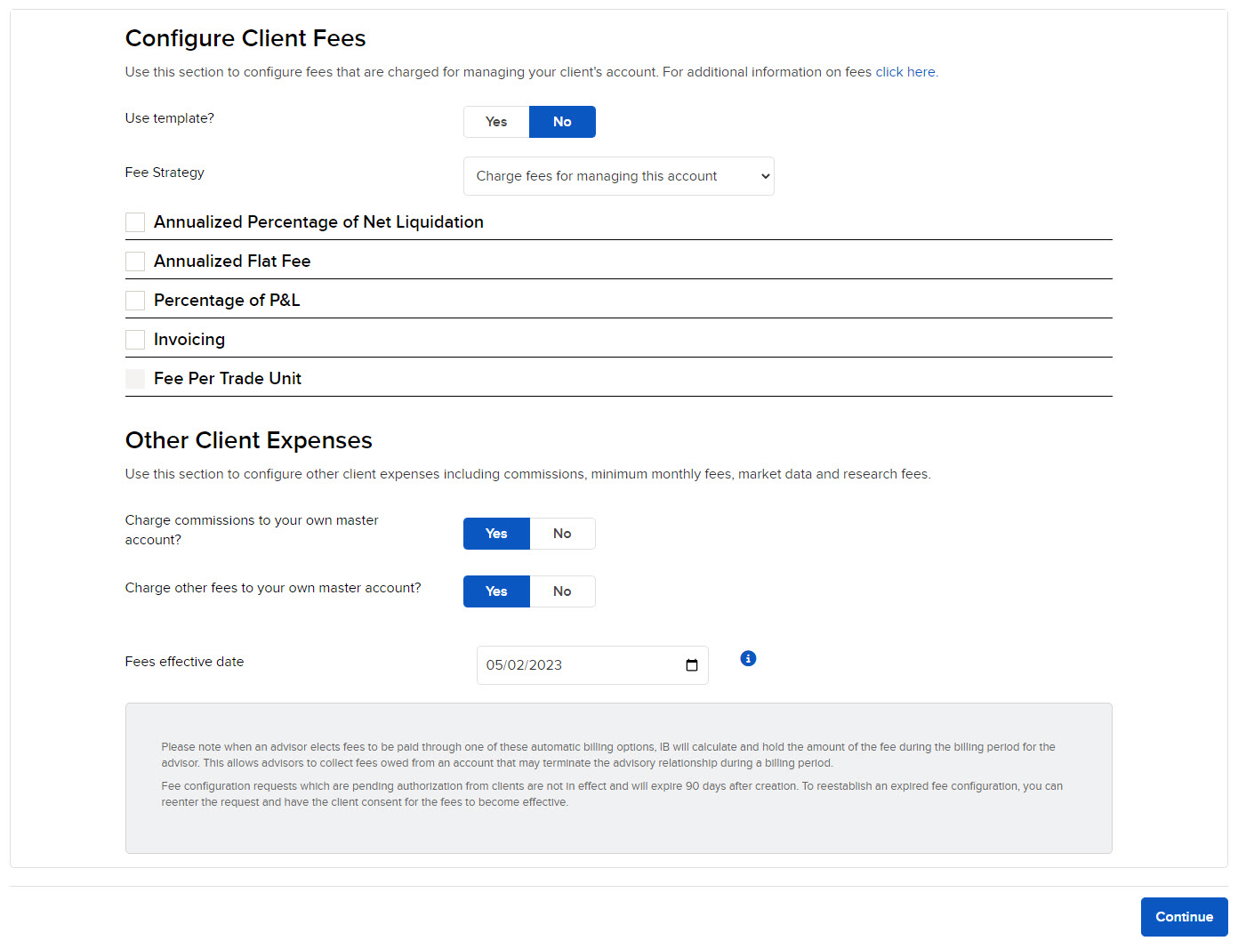 Image of the fee strategy drop-down button in advisor portal. 