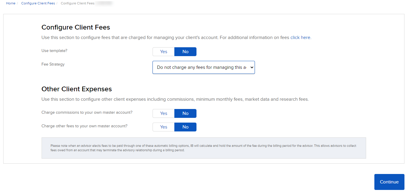 Image of the configure client fees panel in advisor portal. 