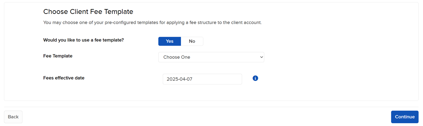 Image of the choose client fee template in Portal. 