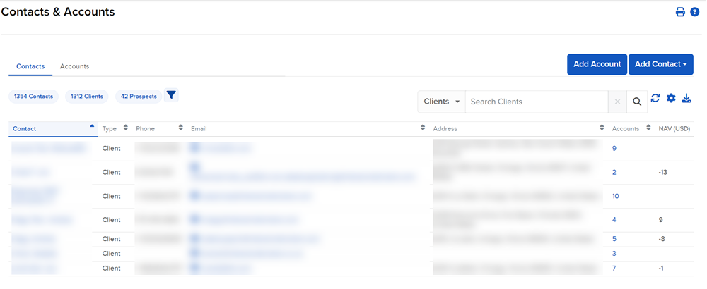 Image of the contacts & accounts panel in portal. 