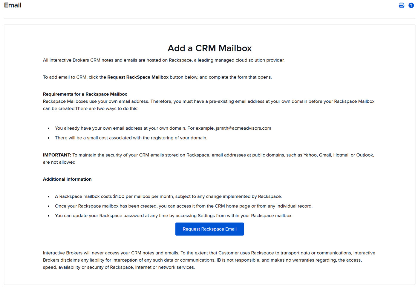 Image of the request rackspace email panel in portal. 