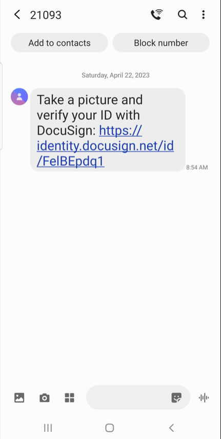 Image of the DocuSign client text message screen. 