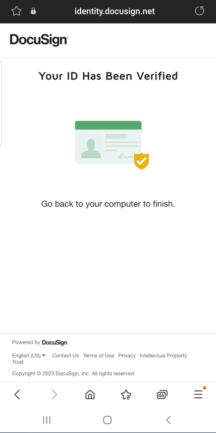 Image of the DocuSign your ID has been verified mobile screen