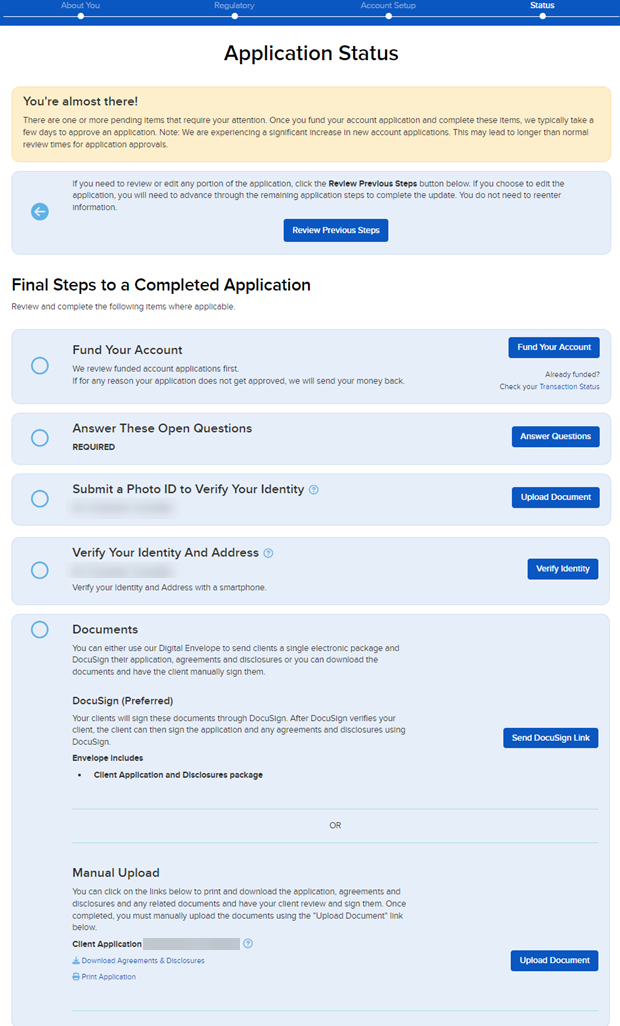 Image of the application status page for docusign. 