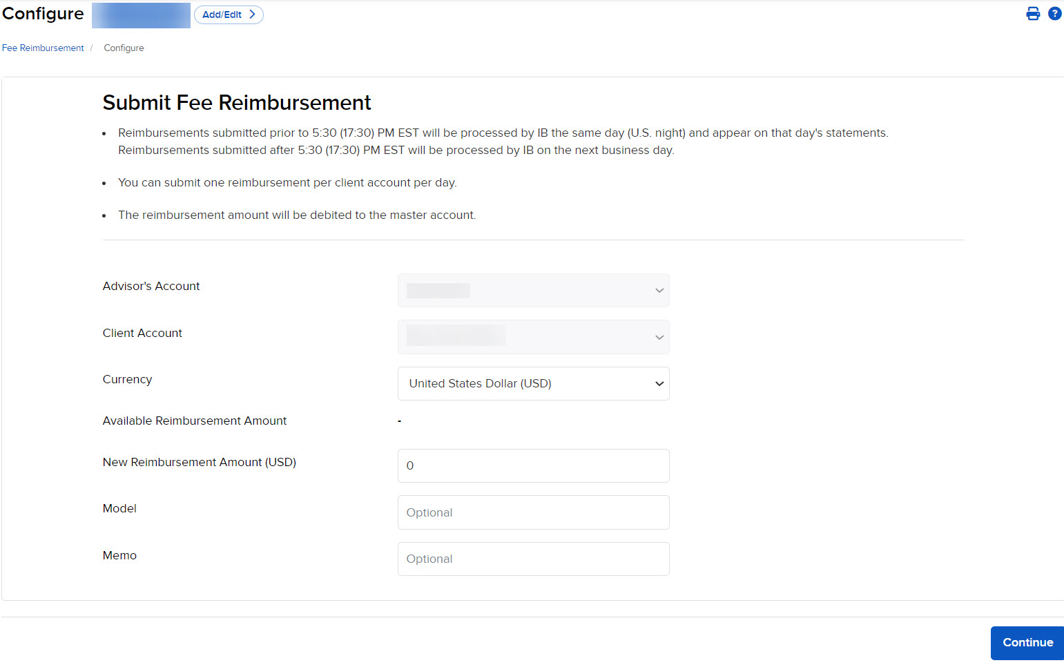 Image of the submit fee reimbursement panel in portal. 