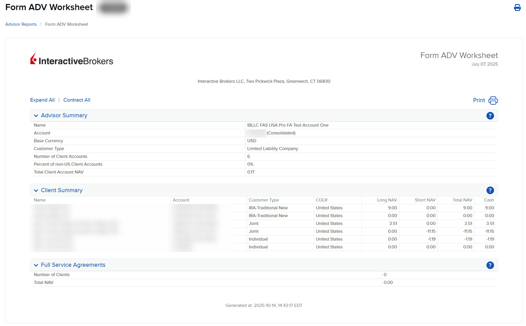 Image of the form ADV worksheet report in advisor portal. 