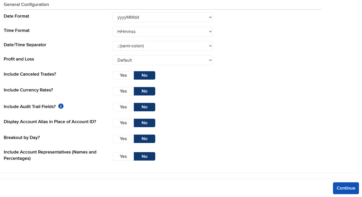 The activity flex query general configuration panel in portal. 