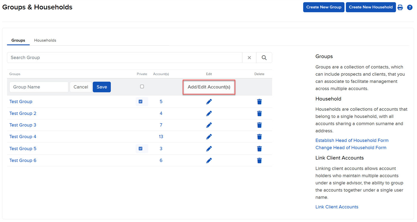 Groups & Households Add/Edit Account(s) - Groups Image of the gropus & households add/edit account(s) - groups panel in portal.