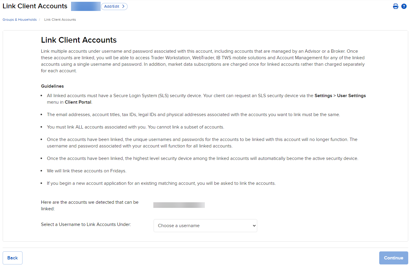 Image of the link client account panel in portal. 