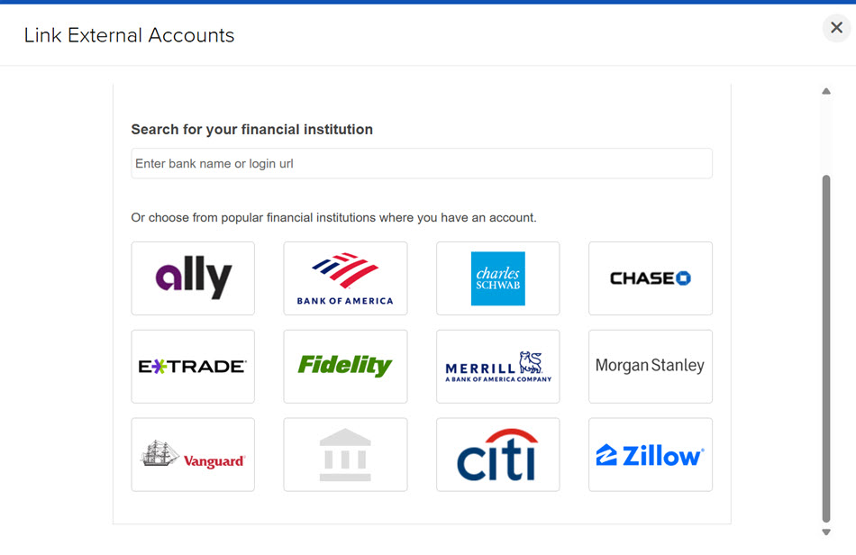 The PortfolioAnalyst external accounts page in portal. 